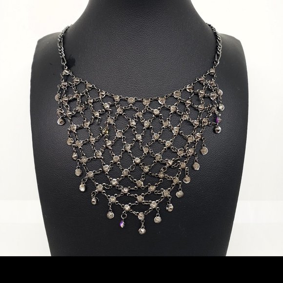 BEAUTIFUL!! Mesh Collar Cascade Purple Rhinestones Gunmetal Reversable Necklace - Picture 5 of 9